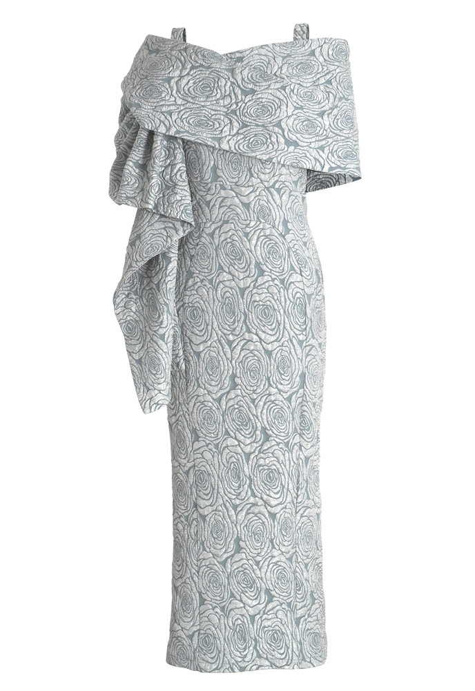 Evening Gown Dress, Jacquard Fabric with Rose Pattern, Dramatic Asymmetric Off-shoulder Neckline