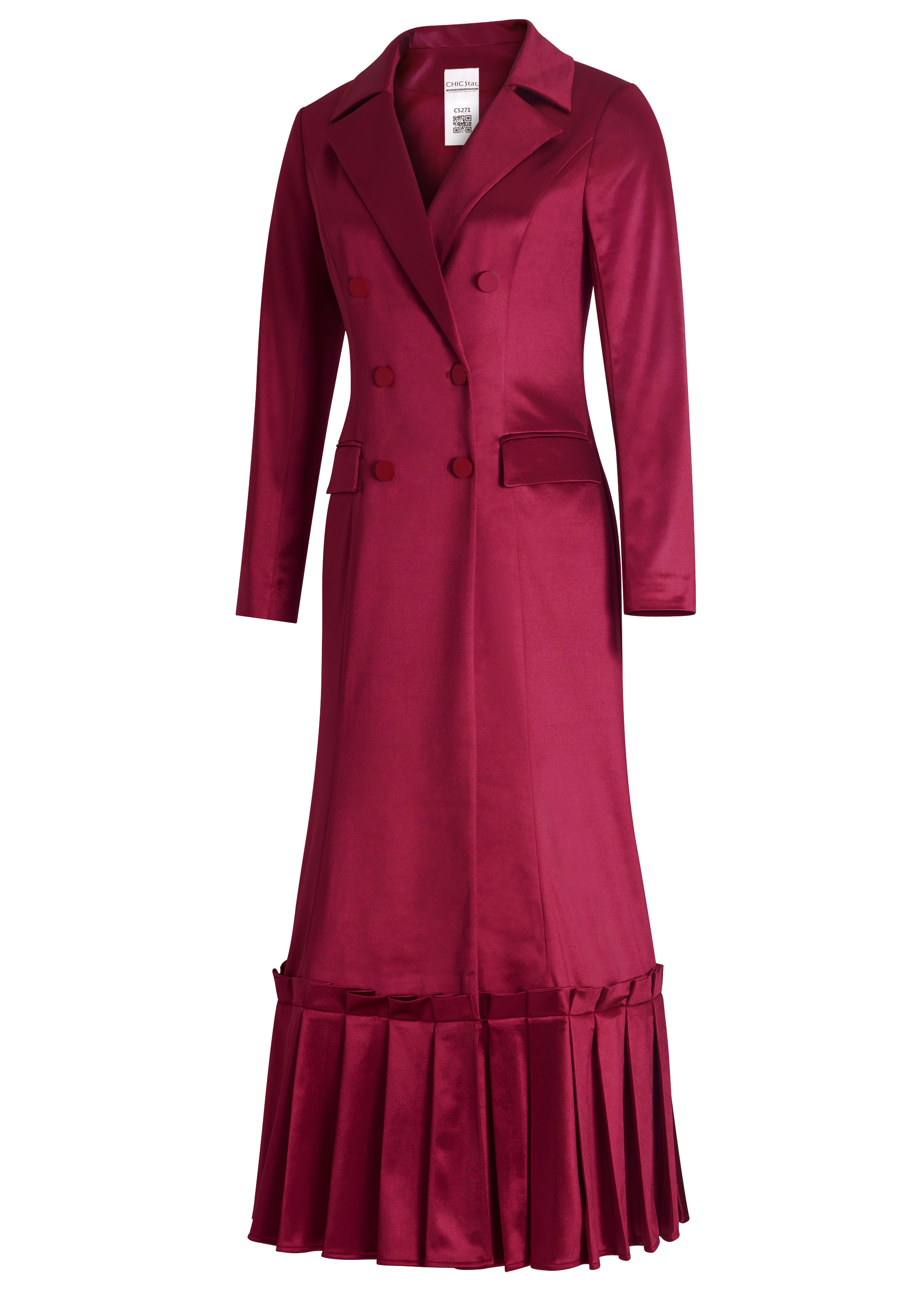 Long Coat Dress, Double-breasted Buttons, Pleated Ruffle Hem, Notched Lapel Collar