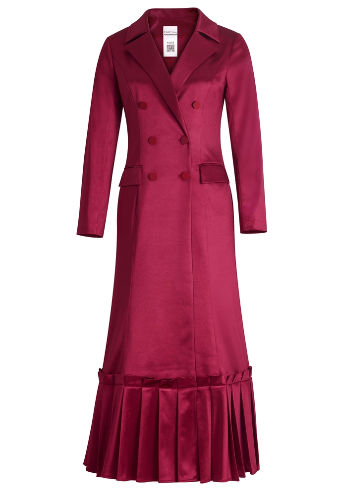 Long Coat Dress, Double-breasted Buttons, Pleated Ruffle Hem, Notched Lapel Collar