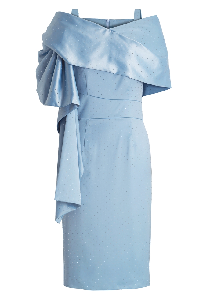 Elegant Evening Dress, Off-shoulder Neckline, Dramatic Draped Sleeve, Rhinstone Polka Dot