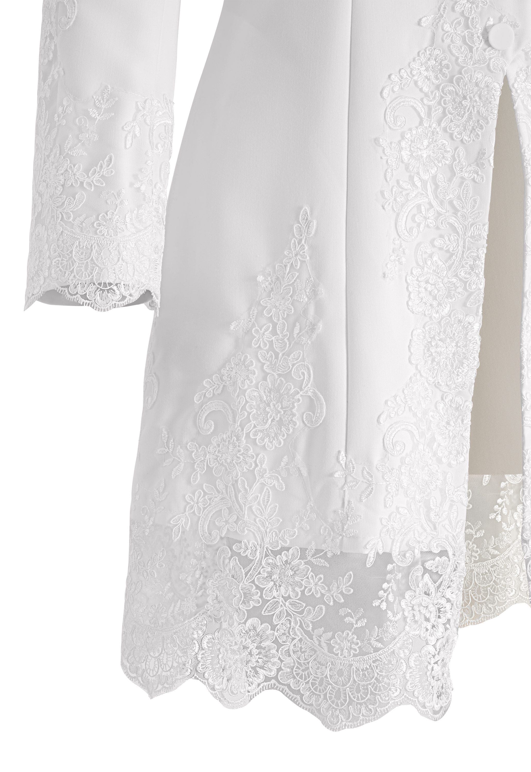 Elegant Coat, Lace Embellishments, Fitted Waist, Wide Lapels, Intricate Floral Patterns