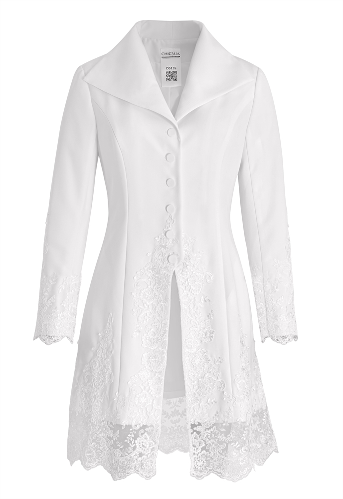 Elegant Coat, Lace Embellishments, Fitted Waist, Wide Lapels, Intricate Floral Patterns