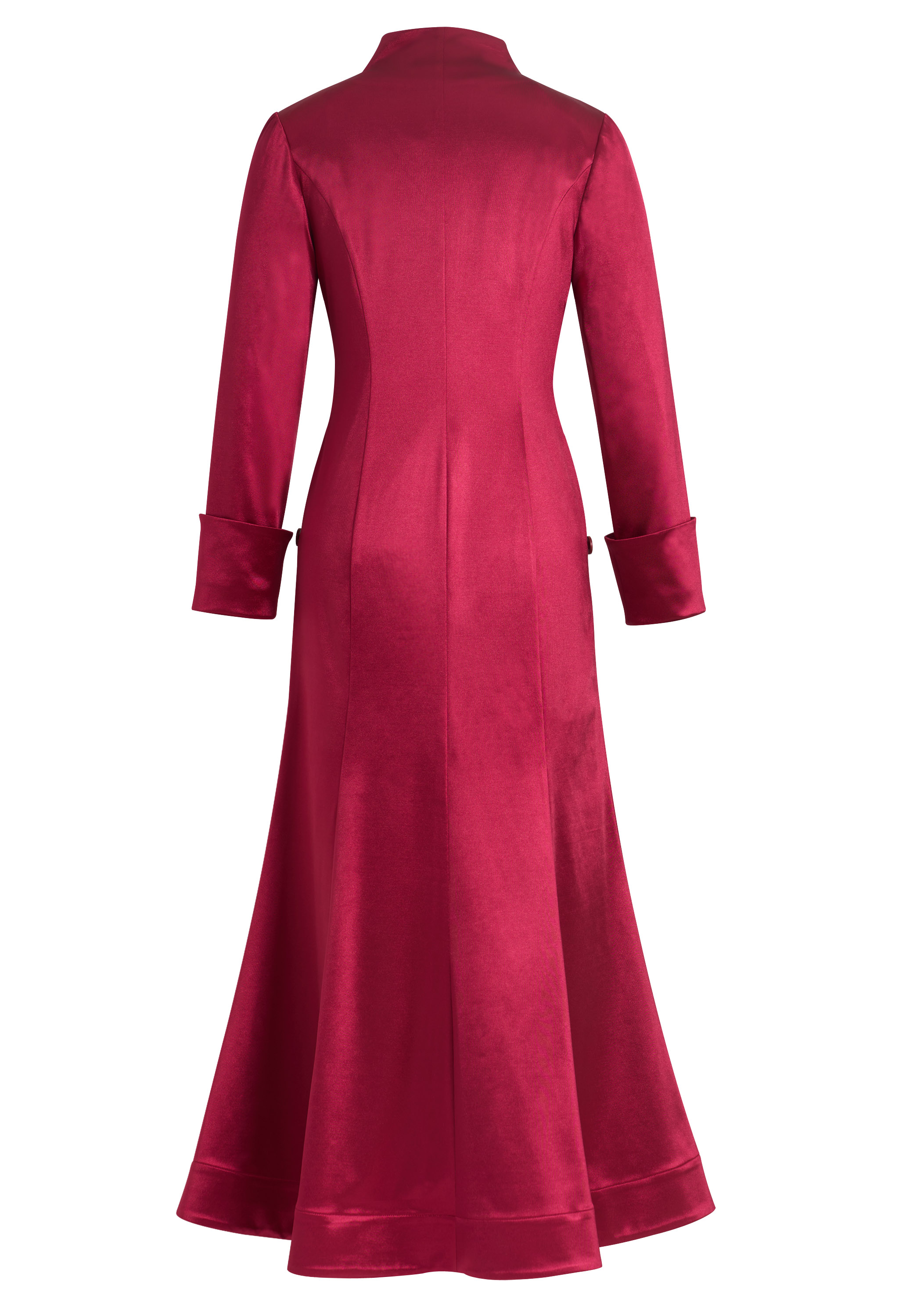 Long Satin Coat Dress, Fitted Bodice With Buttons, High Collar Neckline, Full Length Flared Skirt