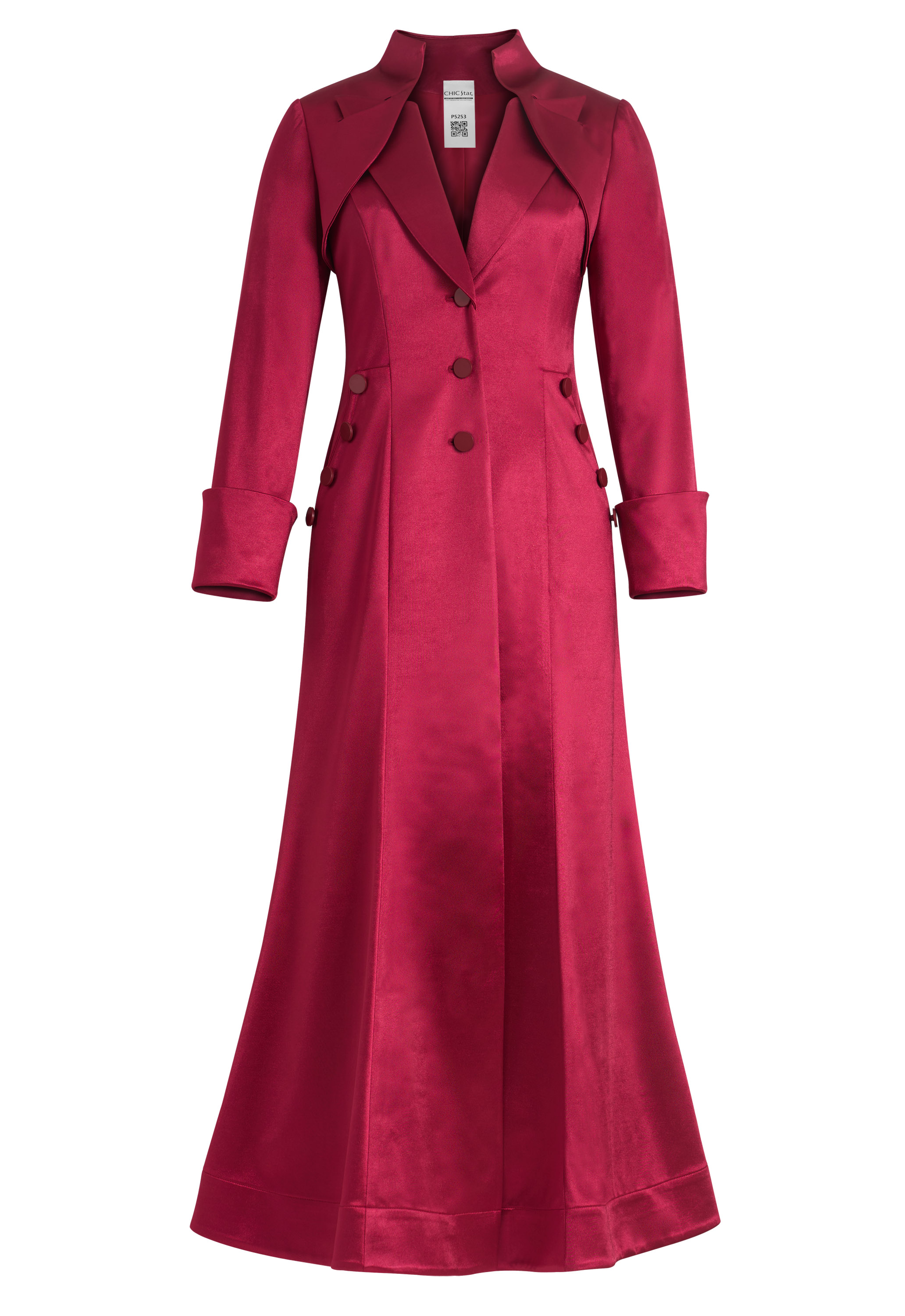 Long Satin Coat Dress, Fitted Bodice With Buttons, High Collar Neckline, Full Length Flared Skirt