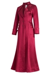 Long Satin Coat Dress, Fitted Bodice With Buttons, High Collar Neckline, Full Length Flared Skirt