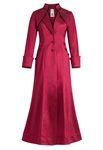 Long Satin Coat Dress, Fitted Bodice With Buttons, High Collar Neckline, Full Length Flared Skirt