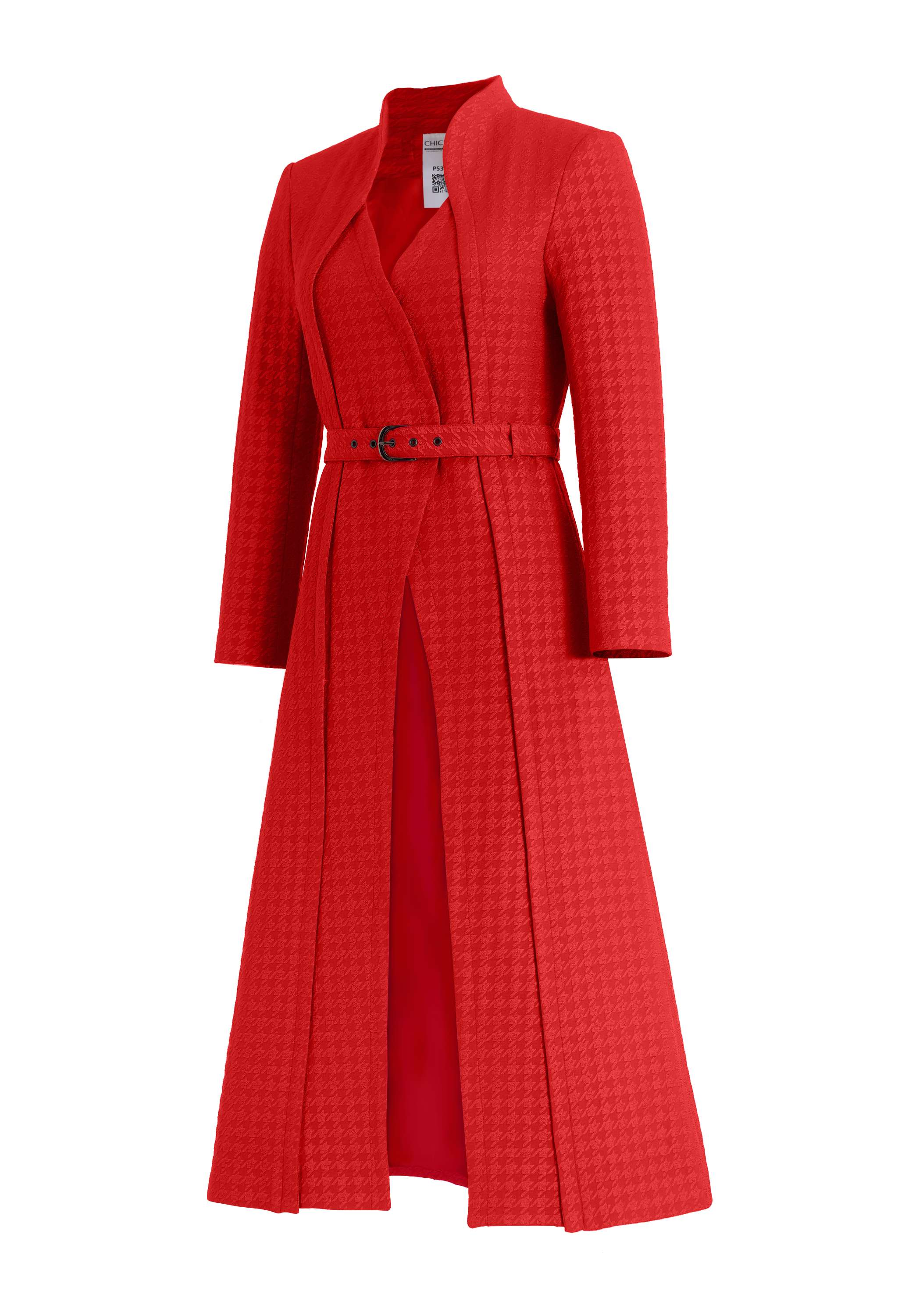 Long Coat Dress, Embossed Jacquard With Houndstooth Pattern, High Collar, Belted Waist, Front Wrap Closure