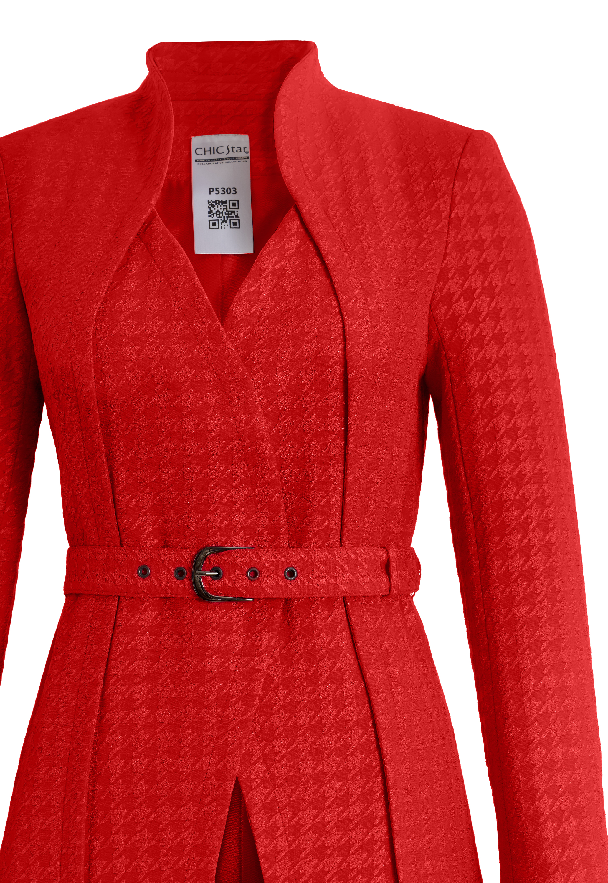 Long Coat Dress, Embossed Jacquard With Houndstooth Pattern, High Collar, Belted Waist, Front Wrap Closure