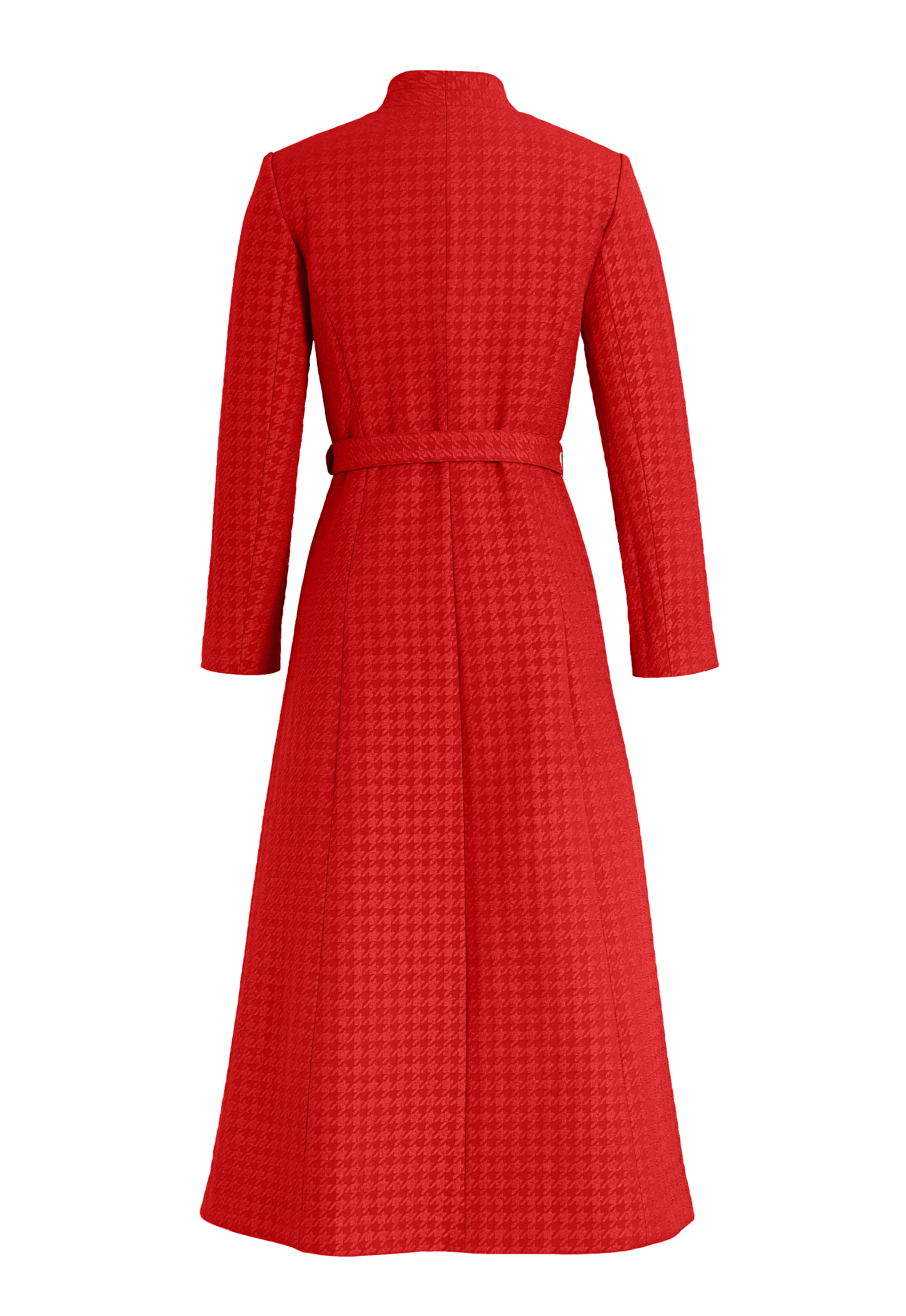 Long Coat Dress, Embossed Jacquard With Houndstooth Pattern, High Collar, Belted Waist, Front Wrap Closure