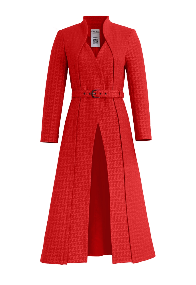 Long Coat Dress, Embossed Jacquard With Houndstooth Pattern, High Collar, Belted Waist, Front Wrap Closure