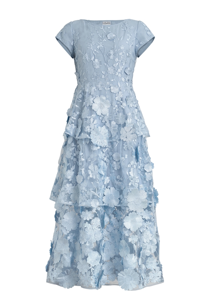 Floral Wedding Dress, Tiered Skirt, Cap Sleeves, Delicate 3D Embroidery Floral Appliques