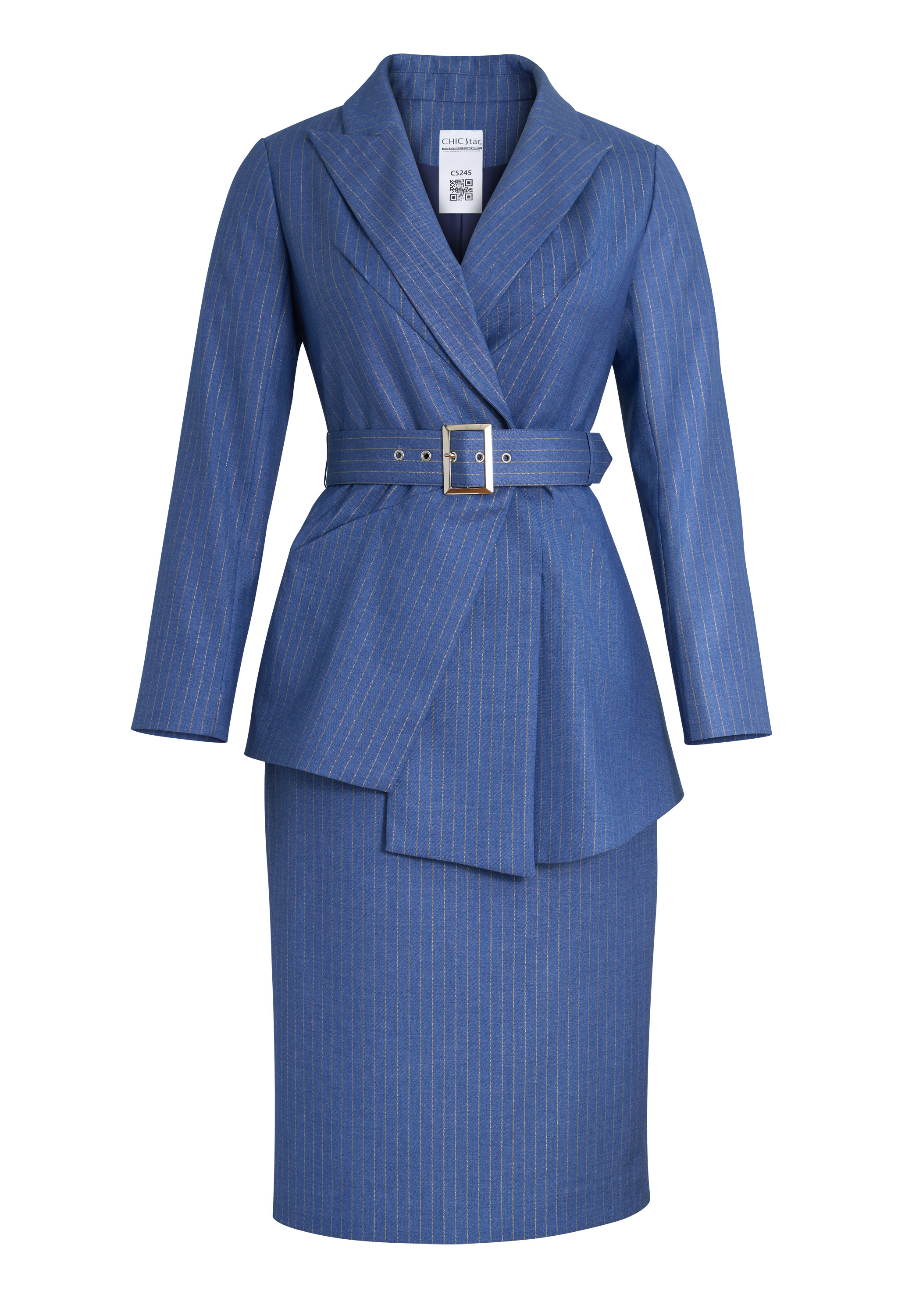 Metallic Pinstripe Business Suit, Asymmetric Wrap Blazer, Matching Pencil Skirt
