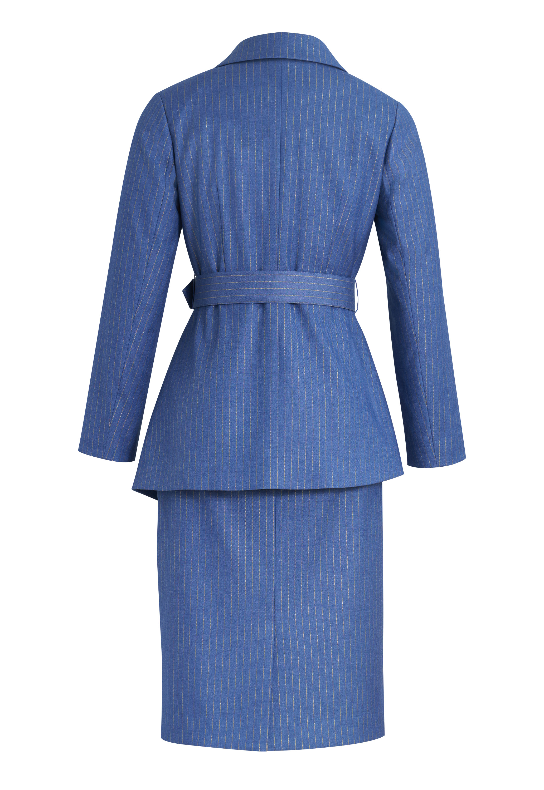 Metallic Pinstripe Business Suit, Asymmetric Wrap Blazer, Matching Pencil Skirt