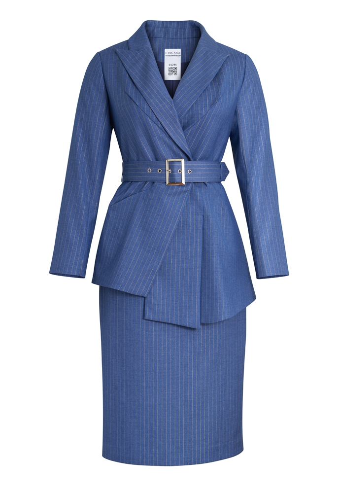 Metallic Pinstripe Business Suit, Asymmetric Wrap Blazer, Matching Pencil Skirt