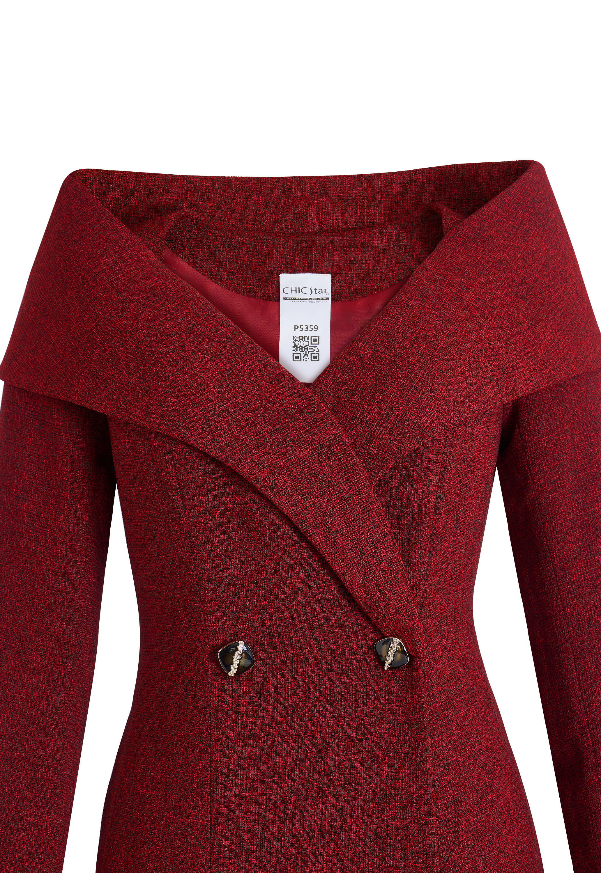 Boucle Long Coat Dress, Dramatic Portrait Collar, Fitted Waist with Two Buttons, Flared Mermaid Skirt