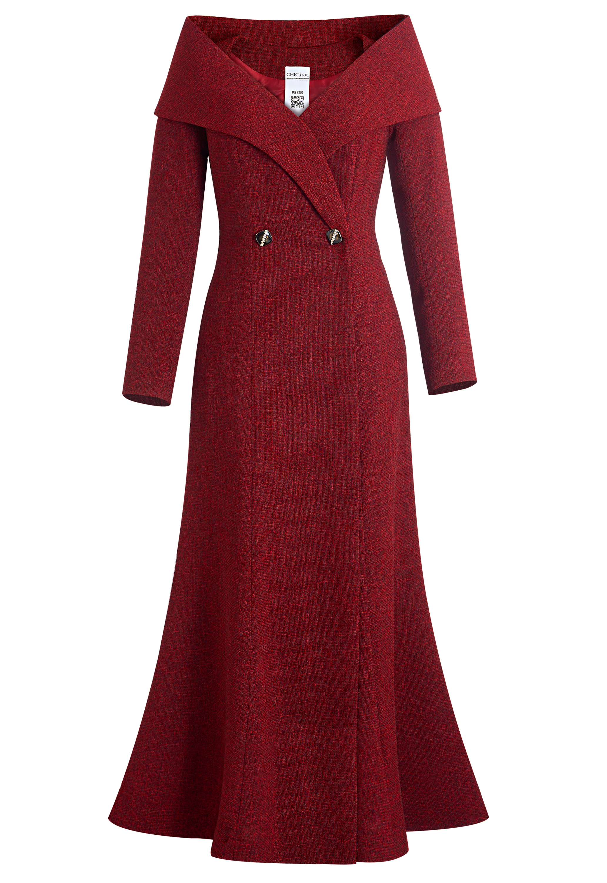 Boucle Long Coat Dress, Dramatic Portrait Collar, Fitted Waist with Two Buttons, Flared Mermaid Skirt