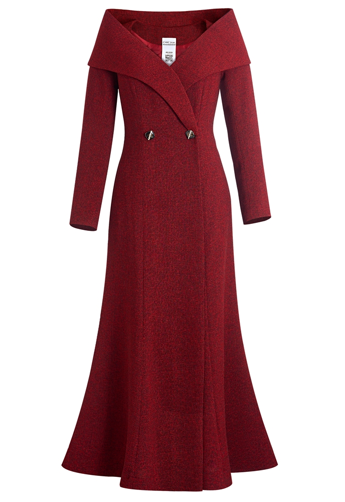 Boucle Long Coat Dress, Dramatic Portrait Collar, Fitted Waist with Two Buttons, Flared Mermaid Skirt