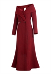 Boucle Long Coat Dress, Dramatic Portrait Collar, Fitted Waist with Two Buttons, Flared Mermaid Skirt