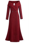 Boucle Long Coat Dress, Dramatic Portrait Collar, Fitted Waist with Two Buttons, Flared Mermaid Skirt