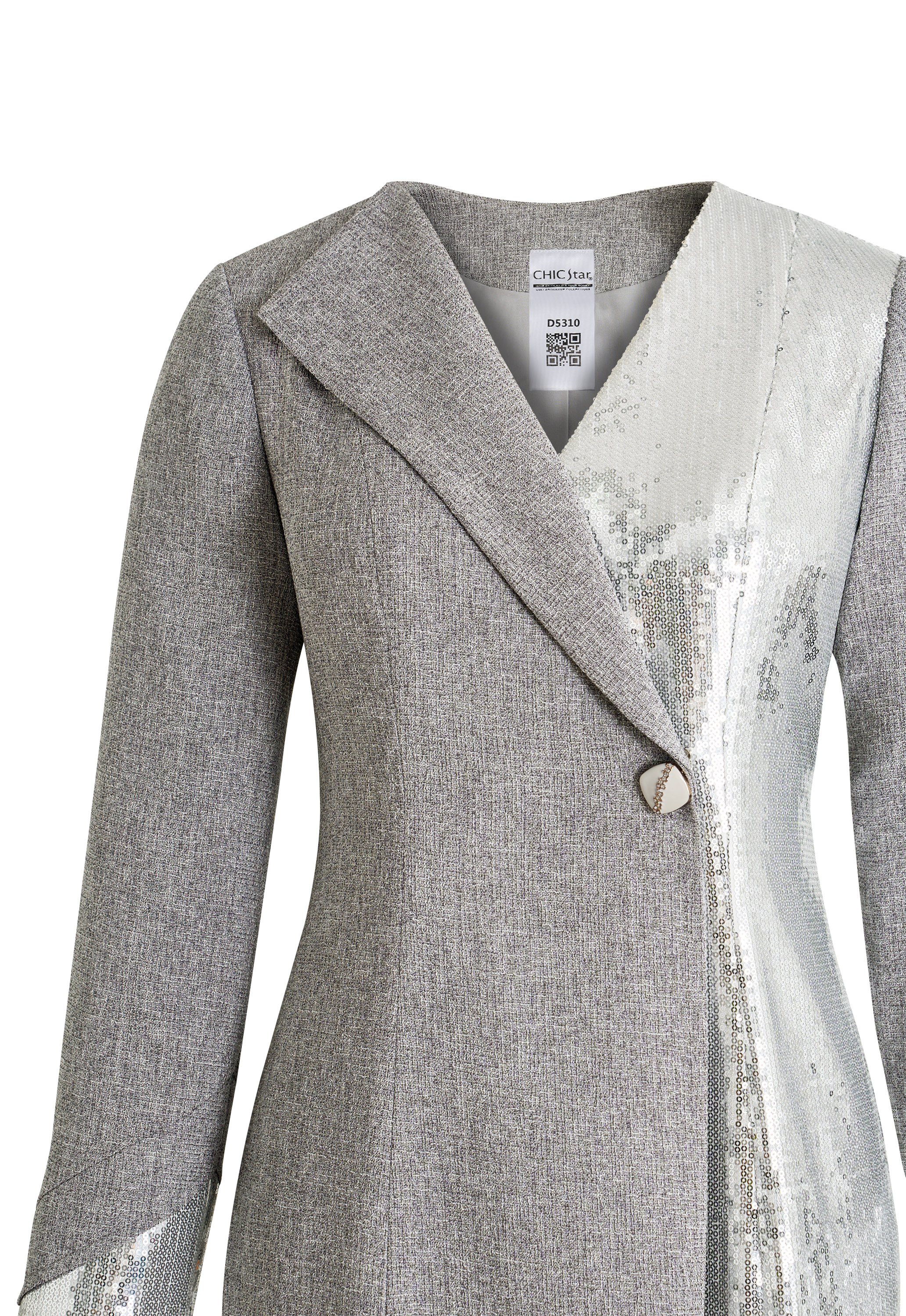 Long Elegant Coat Dress, Asymmetric Design, Tweed Fabric, Metallic Sequin Panel, Fitted Waist