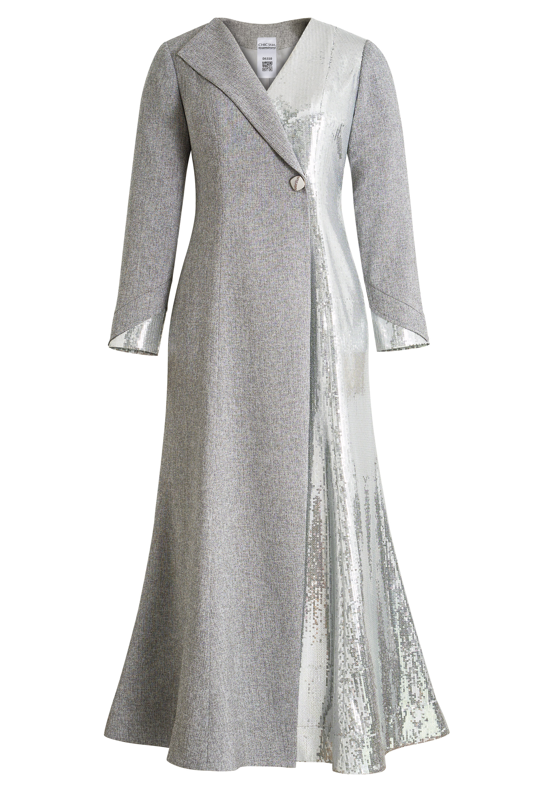 Long Elegant Coat Dress, Asymmetric Design, Tweed Fabric, Metallic Sequin Panel, Fitted Waist