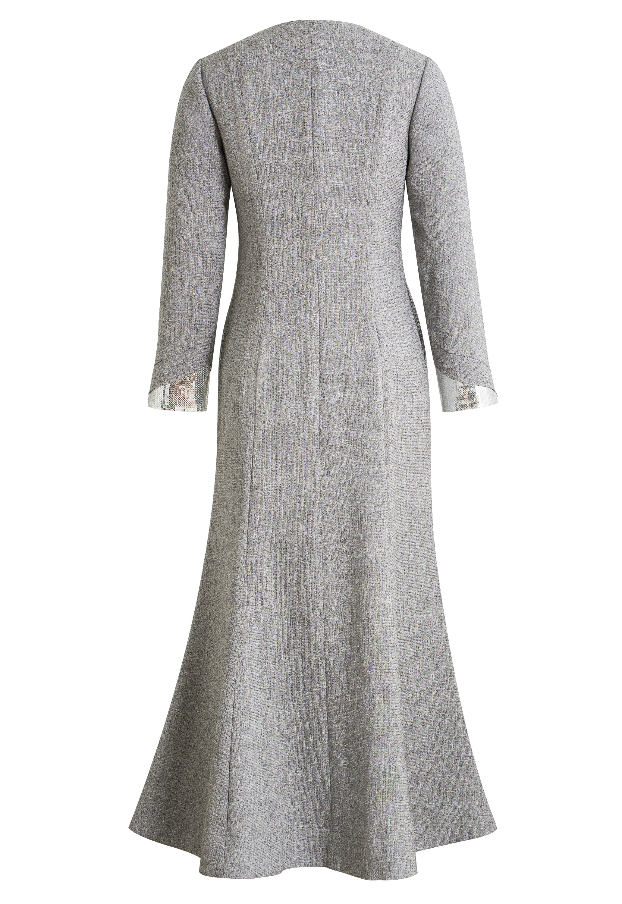 Long Elegant Coat Dress, Asymmetric Design, Tweed Fabric, Metallic Sequin Panel, Fitted Waist