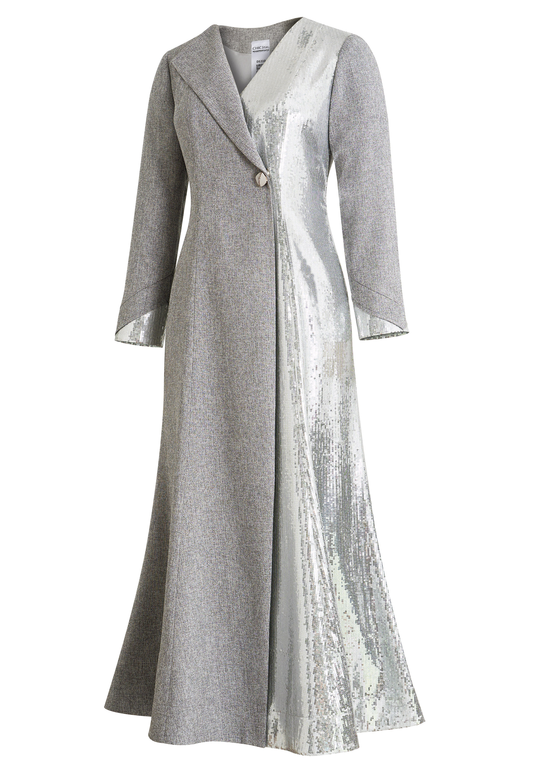 Long Elegant Coat Dress, Asymmetric Design, Tweed Fabric, Metallic Sequin Panel, Fitted Waist