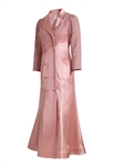 Satin Evening Coat Dress, Lace Sleeves, Double-breasted Buttons, Flared A-line Skirt, Notched Lapel Collar