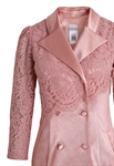 Satin Evening Coat Dress, Lace Sleeves, Double-breasted Buttons, Flared A-line Skirt, Notched Lapel Collar