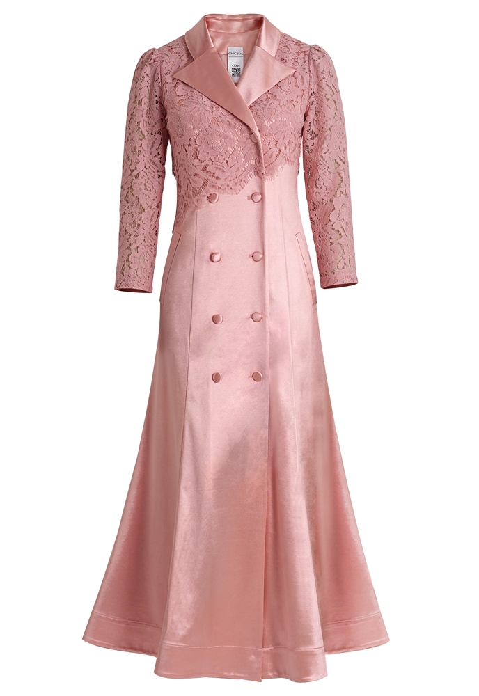 Satin Evening Coat Dress, Lace Sleeves, Double-breasted Buttons, Flared A-line Skirt, Notched Lapel Collar