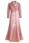 Satin Evening Coat Dress, Lace Sleeves, Double-breasted Buttons, Flared A-line Skirt, Notched Lapel Collar
