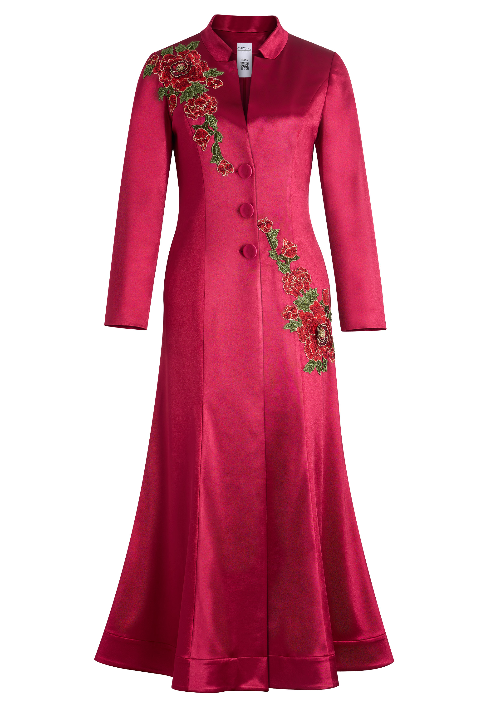 Satin Evening Coat Dress, Mandarin Collar, Floral Embroidered Appliques, Fitted Bodice