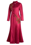 Satin Evening Coat Dress, Mandarin Collar, Floral Embroidered Appliques, Fitted Bodice