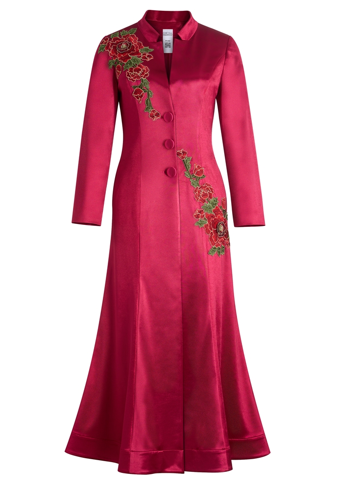 Satin Evening Coat Dress, Mandarin Collar, Floral Embroidered Appliques, Fitted Bodice