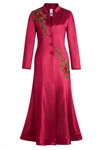 Satin Evening Coat Dress, Mandarin Collar, Floral Embroidered Appliques, Fitted Bodice