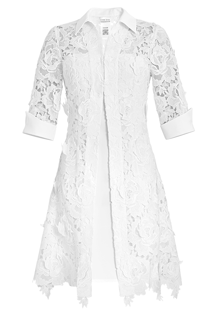 2Pcs Applique Guipure Lace Dress Set, Floral Rose Pattern, Three-quarter Length Sleeves With Cuffs