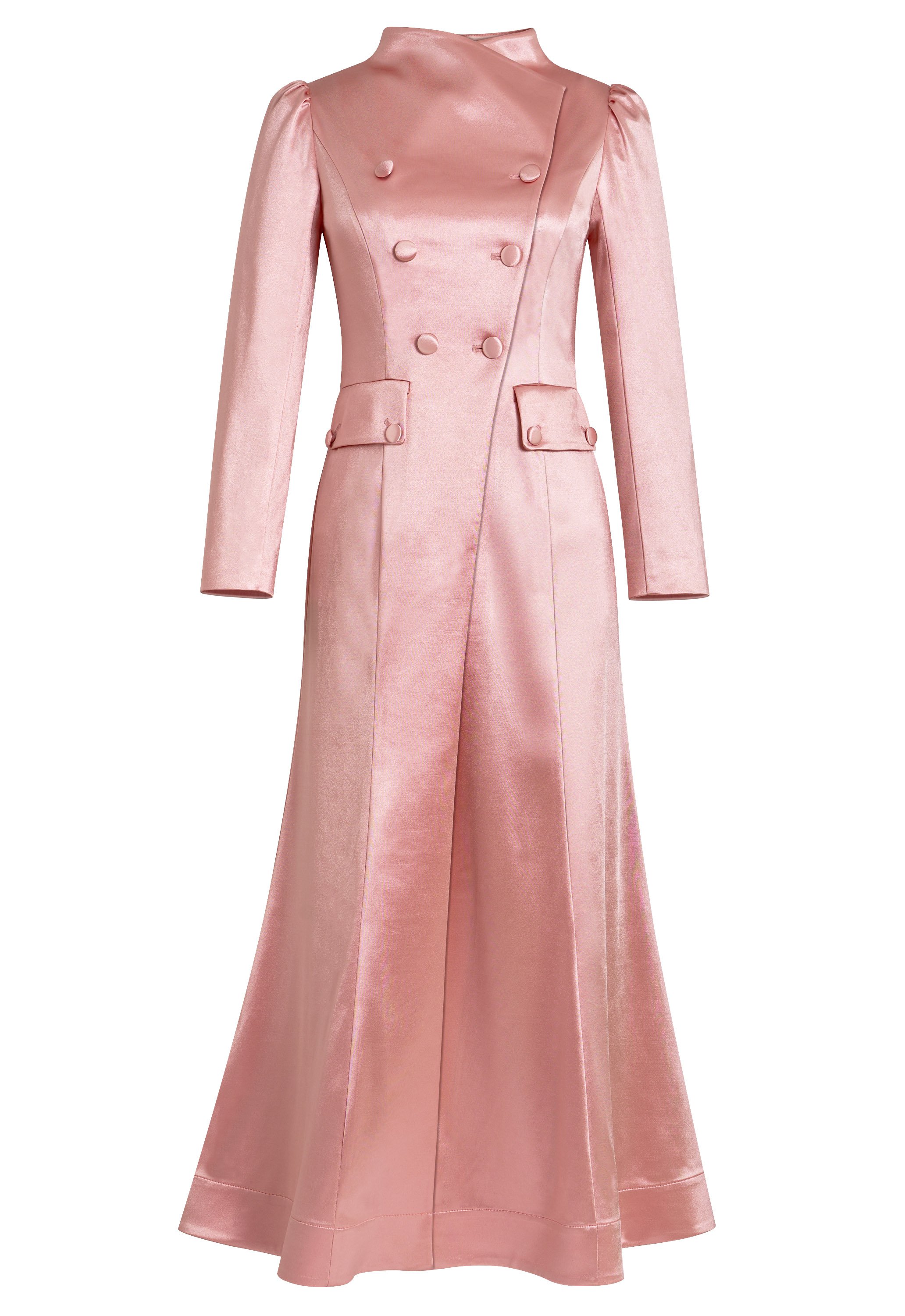 Satin Coat Dress, Double-breasted Buttons, High Mandarin Collar, Fitted Long Sleeves