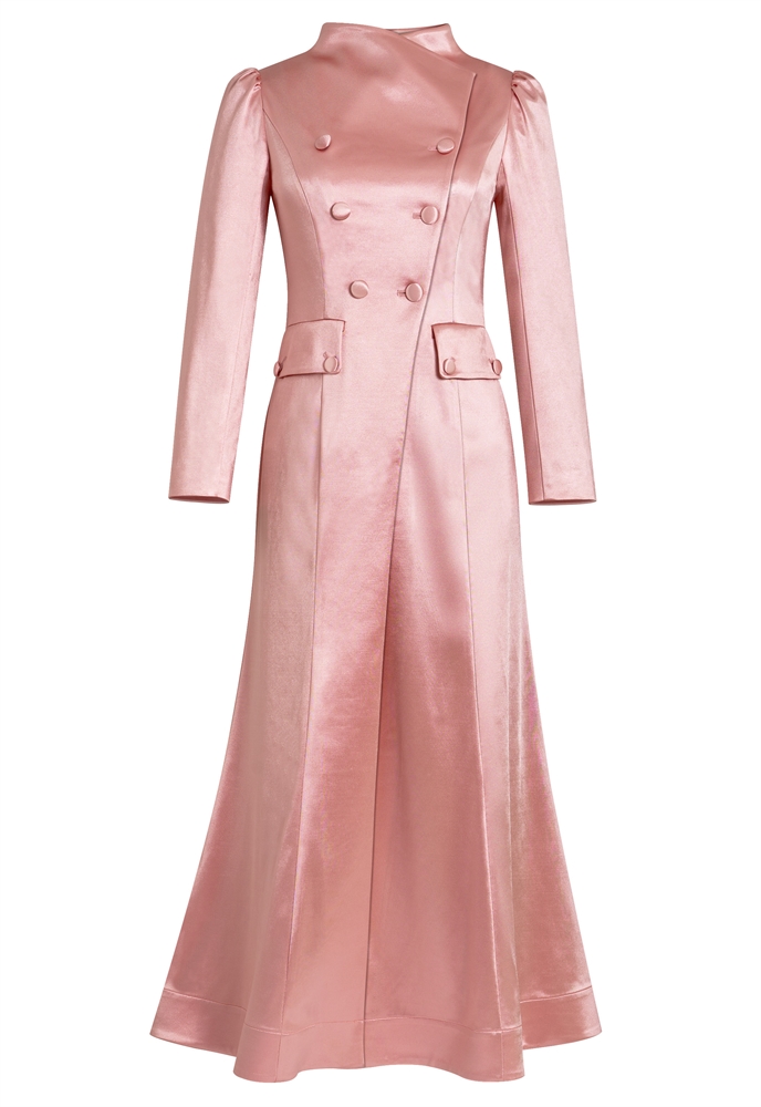 Satin Coat Dress, Double-breasted Buttons, High Mandarin Collar, Fitted Long Sleeves