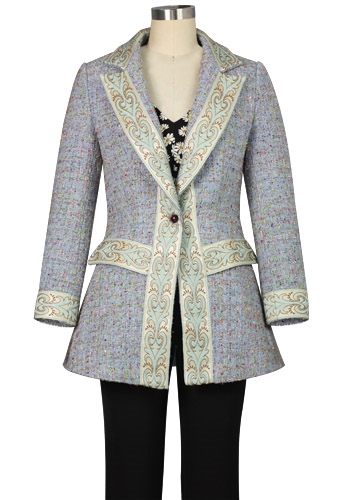 Ornate tweed jacket, intricate gold embroidery trim, single button closure
