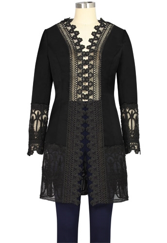 lace jacket, intricate floral patterns, open front design, scalloped edges