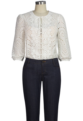 lace blouse, eyelet pattern, crochet front panel, tie neckline, puff sleeves