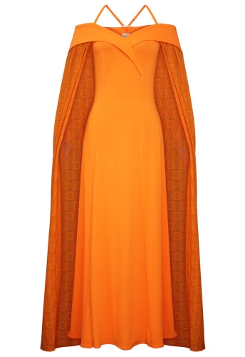 evening gown, off-shoulder neckline, cape-like sleeves with pattern, floor-length